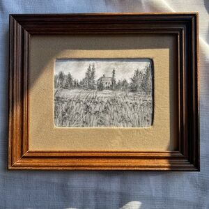 “The Quiet Meadow House” Elegant Brown Framed Landscape Sketch